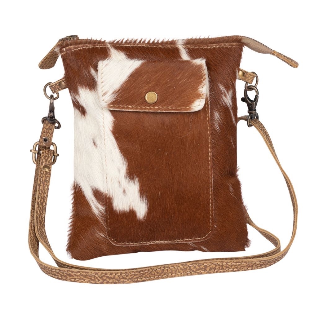 Brown and White Genuine Cowhide & Leather Crossbody Bag